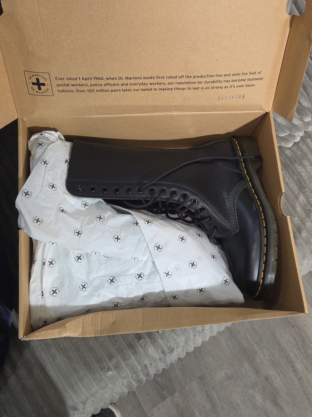 Dr. Martens Black Smooth Leather Lace-Up Boots with Yellow Stitching